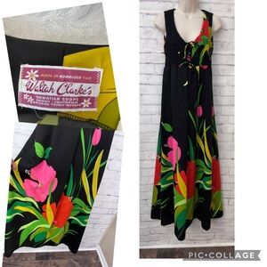 Waltah Clarke's VTG 60’s Hawaiian Maxi‎ Dress Smocked Tropical Hibiscus Aloha